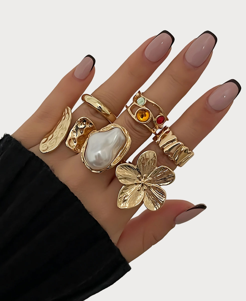 Anillos Abiertos en Forma de Flor Líquida de Perla - 5 Piezas
