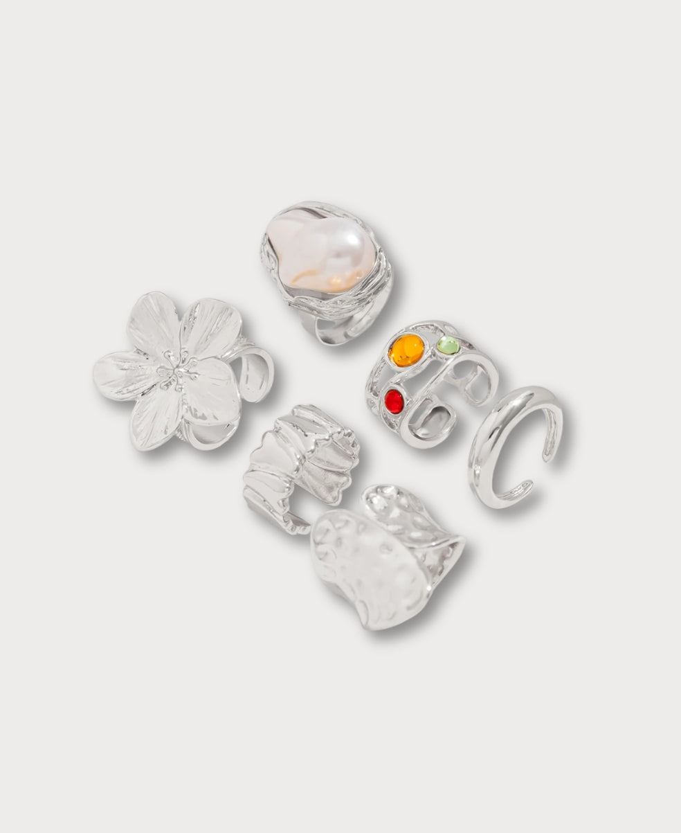 Anillos Abiertos en Forma de Flor Líquida de Perla - 5 Piezas