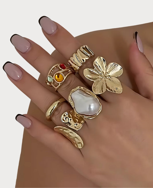 Anillos Abiertos en Forma de Flor Líquida de Perla - 5 Piezas