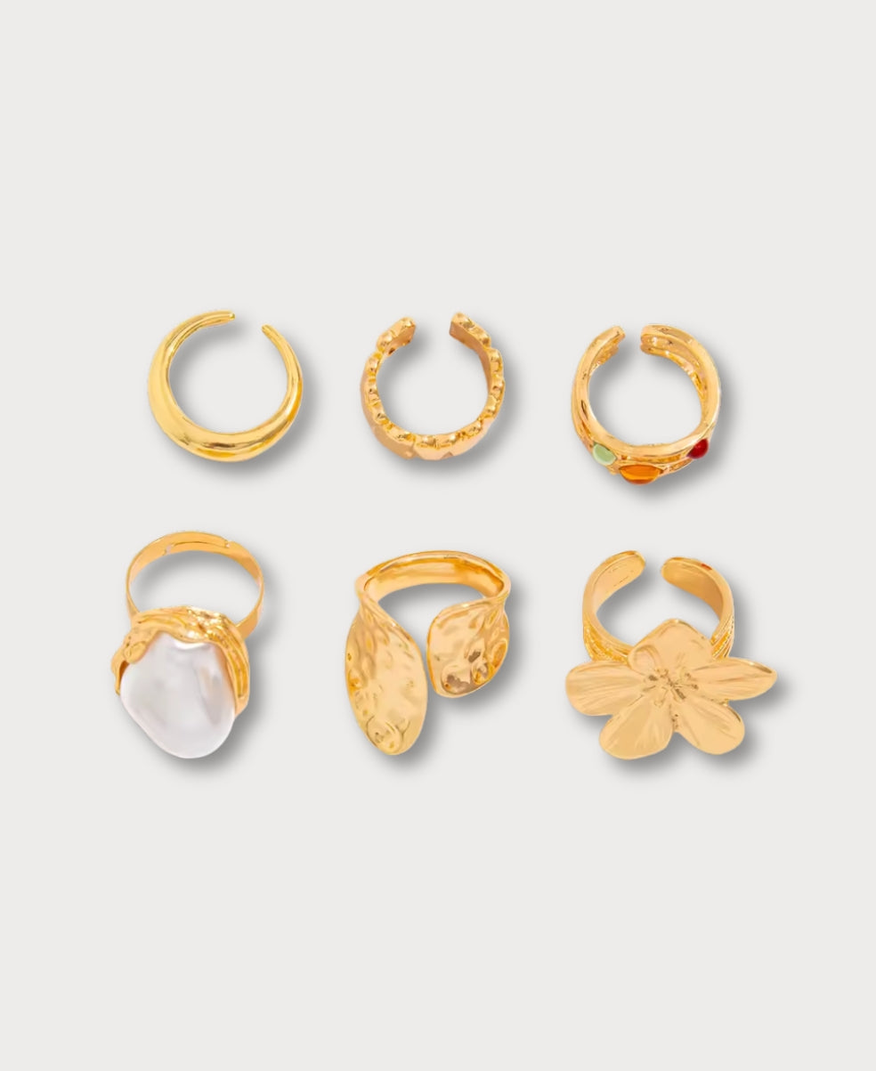 Anillos Abiertos en Forma de Flor Líquida de Perla - 5 Piezas