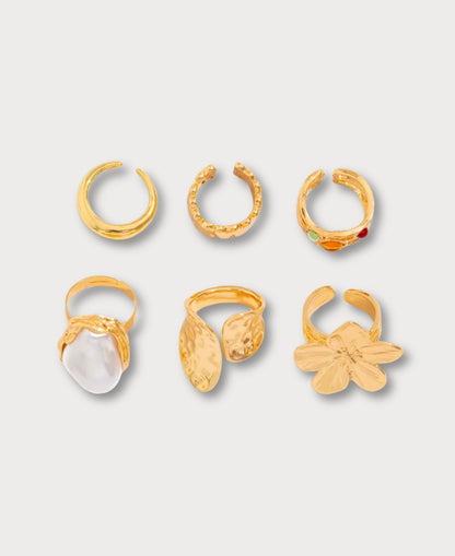 Anillos Abiertos en Forma de Flor Líquida de Perla - 5 Piezas