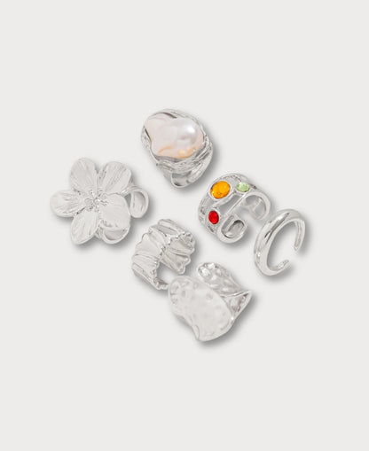 Anillos Abiertos en Forma de Flor Líquida de Perla - 5 Piezas